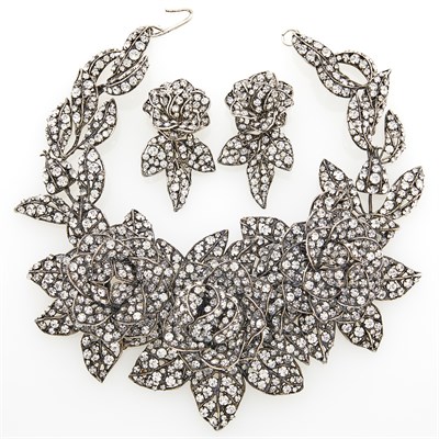 Lot 56 - Iradj Moini Gilt-Metal and Rhinestone Rose Necklace and Pair of Pendant-Earclips