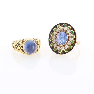 Lot 130 - Gold, Carved Sapphire, Green Garnet, Diamond and Black Enamel Ring and Cabochon Sapphire Ring