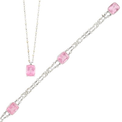 Lot 44 - Platinum, Seed Pearl and Pink Tourmaline Pendant-Necklace and Pink Tourmaline and Diamond Bracelet