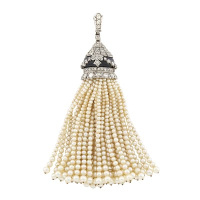 Lot 43 - Platinum, Diamond, Black Enamel and Seed Pearl Tassel Pendant