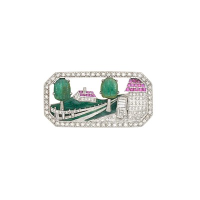 Lot 49 - Platinum, Frosted Rock Crystal, Carved Emerald, Diamond, Ruby and Enamel Country Home Brooch