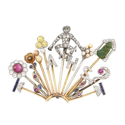 Lot 51 - Gold, Platinum, Silver, Diamond and Colored Stone Stick Pin Brooch