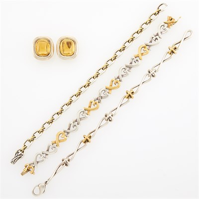Lot 42 - Tiffany & Co., Paloma Picasso Three Gold and Sterling Silver Bracelets and Pair of Gold and Cabochon Citrine Earrings