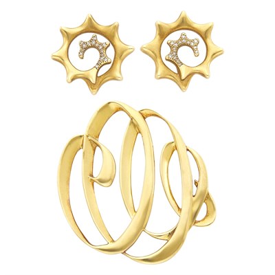 Lot 6 - Tiffany & Co. Paloma Picasso Gold Brooch and Angela Cummings Pair of Gold and Diamond Earrings