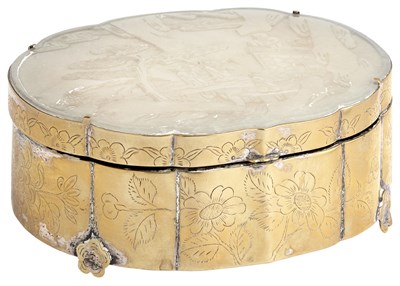 Lot 70 - A Chinese White Jade Plaque Mounted to a Brass...
