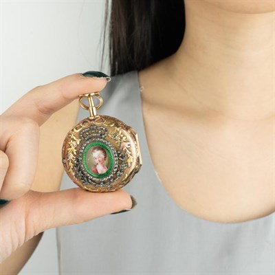 Lot 194 - LePaute Paris Antique Variegated Gold, Enamel and Diamond Portrait Pocket Watch
