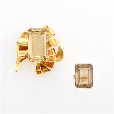 Lot 40 - Two-Color Gold and Citrine Clip-Brooch and Smoky Quartz Ring