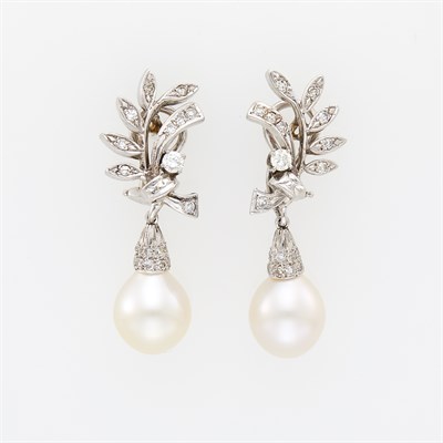 Lot 106 - Pair of White Gold, Cultured Pearl and Diamond Pendant-Earrings