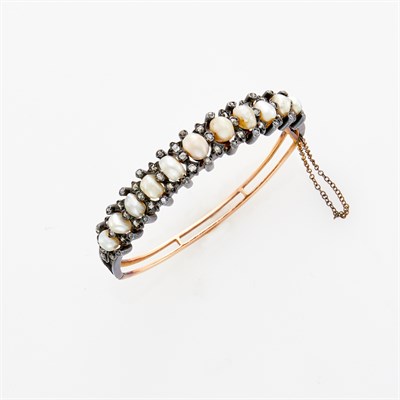 Lot 98 - Antique Gold, Silver, Pearl and Diamond Bangle Bracelet