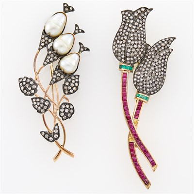 Lot 128 - Two Gold, Silver, Diamond, Cultured Pearl and Colored Stone Flower Brooches