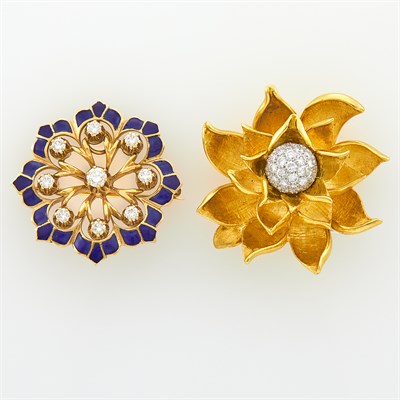 Lot 157 - Two Gold and Diamond Flower and Blue Enamel Snowflake Pins