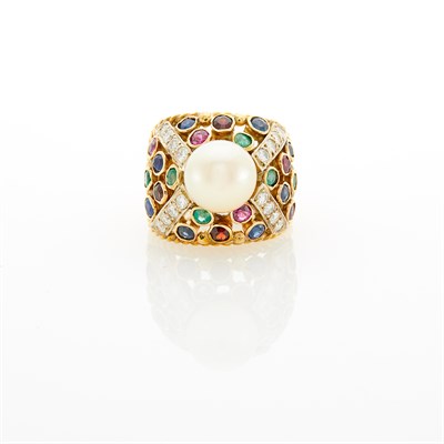 Lot 116 - Gold, Cultured Pearl, Gem-Set and Diamond Ring
