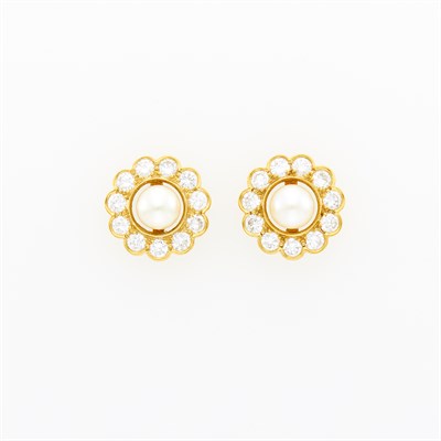 Lot 21 - Pair of Gold and Cultured Pearl Stud Earrings with Diamond Jackets