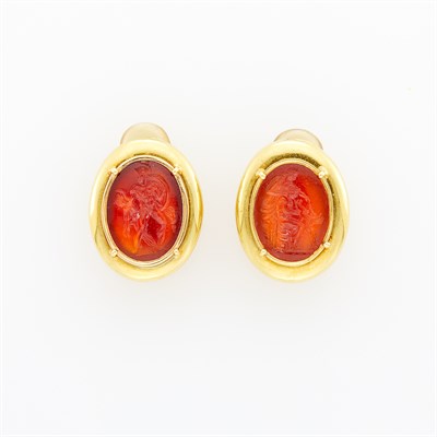 Lot 19 - Tambetti Pair of Gold and Carnelian Intaglio Earclips