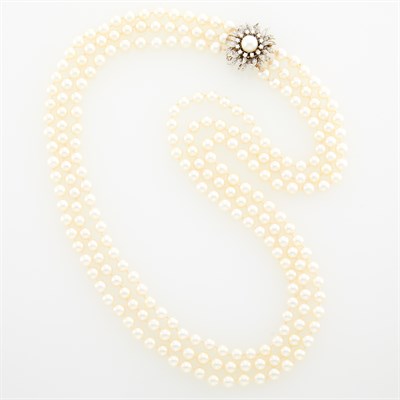 Lot 157 - Triple Strand Cultured Pearl Necklace with White Gold, Cultured Pearl and Diamond Clasp/Pin