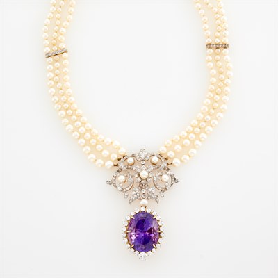 Lot 101 - Triple Strand Cultured Pearl, Platinum, Gold, Amethyst and Diamond Pendant-Necklace