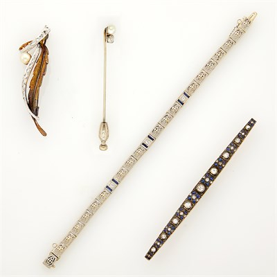Lot 97 - Platinum, White Gold, Gold, Silver, Diamond and Synthetic Sapphire Bracelet, Bar Pin and Stick Pin and Costume Pin