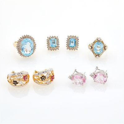 Lot 131 - Two Gold, Blue Topaz and Diamond Rings, Pair of White Gold and Kunzite Earrings and Two Pairs of Silver Earrings