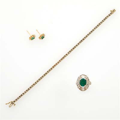 Lot 134 - Gold and Diamond Bracelet, Two-Color Gold, Emerald and Diamond Ring and Pair of Emerald Stud Earrings