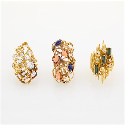 Lot 69 - Three Gold, Tourmaline, Diamond, Simulated Diamond, Coral and Lapis Rings
