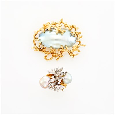 Lot 147 - Two-Color Gold, Baroque Cultured Pearl and Diamond Ring and Gold, Gray Mabé Pearl and Mother-of-Pearl Brooch
