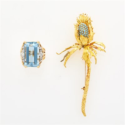 Lot 161 - Gold and Turquoise Orchid Brooch and White Gold, Blue Topaz and Diamond Ring