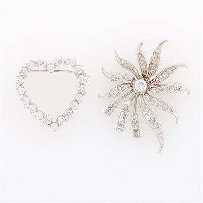 Lot 107 - Two White Gold and Diamond Flower and Heart Pendant-Brooches