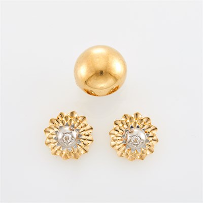 Lot 29 - Gold Dome Ring and Pair of Two-Color Gold and Diamond Flower Earclips