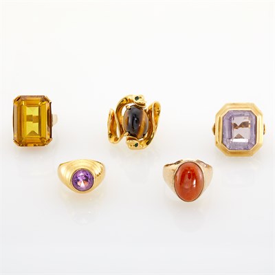Lot 55 - Five Gold, Gem-Set and Simulated Stone Rings