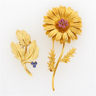 Lot 27 - Tiffany & Co. Gold and Ruby Flower Brooch and Sapphire Leaf Brooch