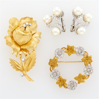 Lot 132 - Two Gold, Platinum and Diamond Brooches and Pair of White Gold, Diamond and Cultured Pearl Earclips