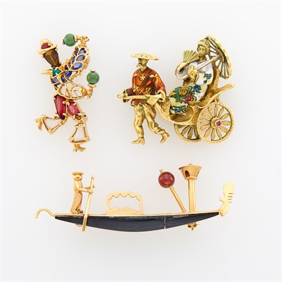 Lot 56 - Three Gold, Enamel and Gem-Set Figural Brooches