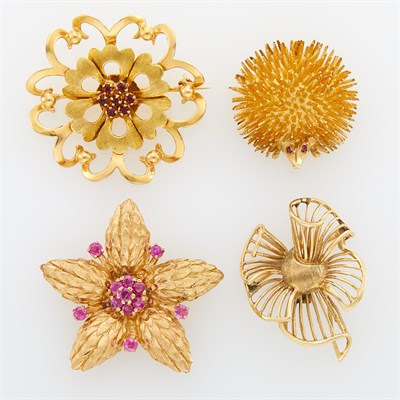 Lot 45 - Four Gold, Ruby and Garnet Flower, Bow and Porcupine Pins