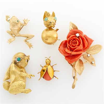 Lot 48 - Four Gold, Coral and Diamond Animal and Rose Brooches and Cat Charm