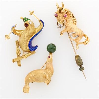 Lot 165 - Martine Gold, Enamel and Diamond Skiing Penguin Brooch, Gold and Diamond Horse Stick Pin and Seal Brooch