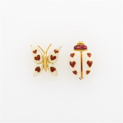 Lot 19 - Tiffany & Co. Two Gold and Enamel Butterfly and Lady Bug Pins