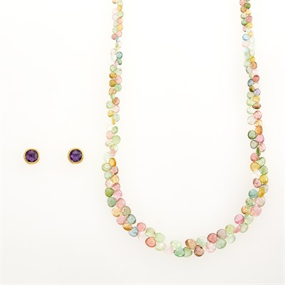 Lot 142 - Marco Bicego Pair of Gold and Amethyst Stud Earrings and Gold and Gem-Set Briolette Necklace