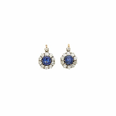 Lot 50 - Pair of Antique Gold, Platinum, Sapphire and Diamond Earrings, France