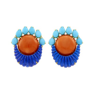 Lot 148 - Pair of Gold, Coral, Carved Lapis, Turquoise and Diamond Earclips