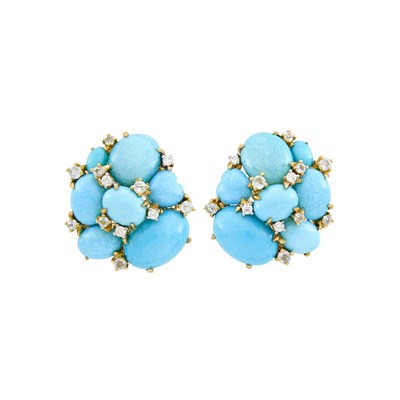 Lot 80 - Pair of Two-Color Gold, Turquoise, Blue Topaz and Diamond Cluster Earclips