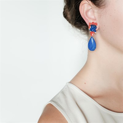 Lot 76 - Pair of Gold, Lapis, Oxblood Coral and Diamond Pendant-Earclips