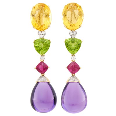 Lot 88 - Pair of Gold, Gem-Set and Diamond Pendant-Earclips