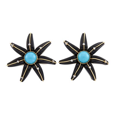 Lot 139 - Pair of Gold, Black Onyx, Turquoise and Diamond Flower Earclips