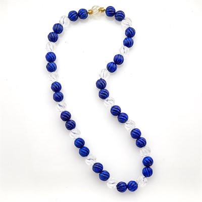 Lot 59 - Fluted Lapis and Rock Crystal Bead and Gold Necklace