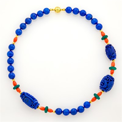 Lot 1031 - Lapis, Coral and Green Agate Necklace