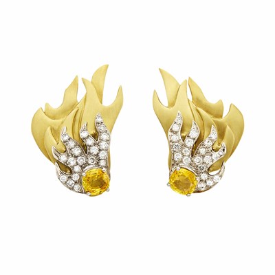 Lot 96 - Pair of White Gold, Yellow Sapphire and Diamond Earrings with Gold Flame Jackets