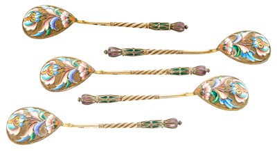 Lot 145 - Set of Five Russian Silver and Cloisonné...