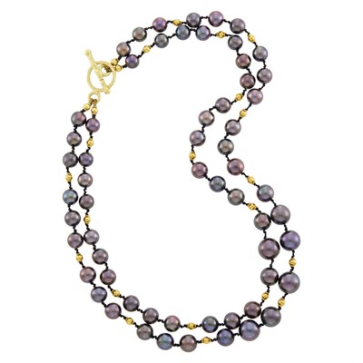 Lot 1011 - Double Strand Black Cultured Pearl and Gold Toggle Necklace