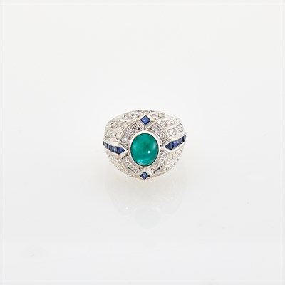 Lot 111 - White Gold, Cabochon Emerald, Sapphire and Diamond Ring