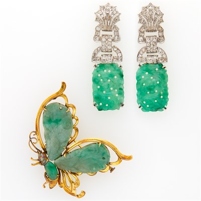 Lot 217 - Pair of Platinum, Carved Jade and Diamond Pendant-Earrings and Gold and Jade Butterfly Brooch